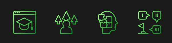 Defina a estratégia de quebra-cabeças de linha, educação on-line, desenvolvimento e planejamento de front-end. Ícones de cores gradientes. Vetor —  Vetores de Stock