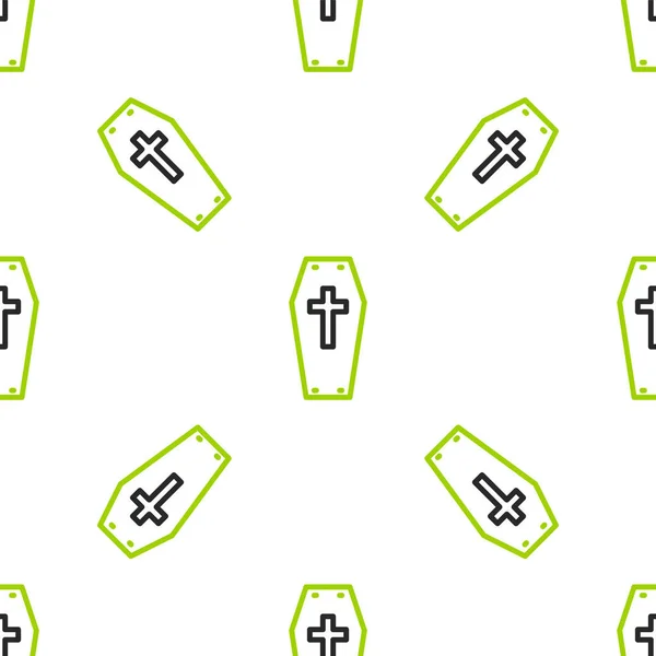 Caixão de linha com ícone cruz cristã isolado padrão sem costura no fundo branco. Feliz festa de Halloween. Vetor — Vetor de Stock