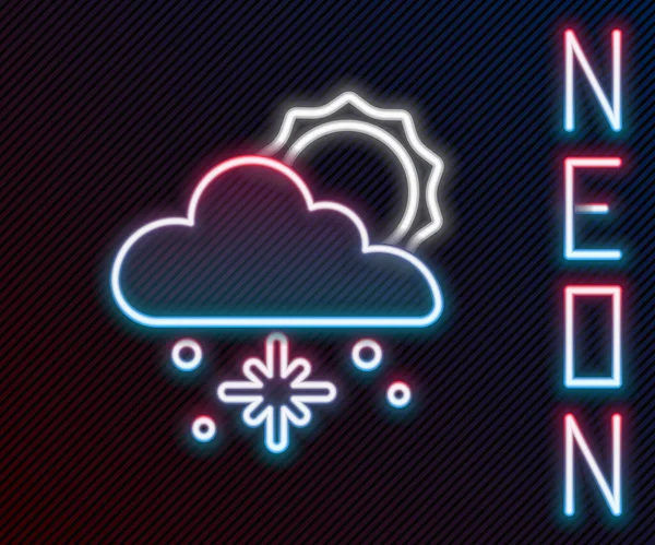 Glowing neon line Cloud with snow and sun icon isolated on black background. Cloud with snowflakes. Single weather icon. Snowing sign. Colorful outline concept. Vector — Stock Vector