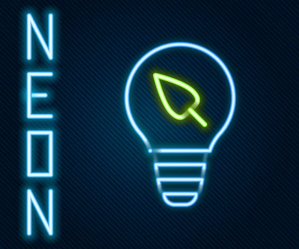 Glödande neon line Glödlampa med blad ikon isolerad på svart bakgrund. Miljöenergikoncept. Begreppet alternativ energi. Färgstarkt skisskoncept. Vektor — Stock vektor