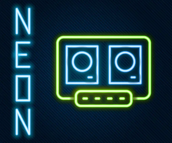 Lumineuse télécommande DJ en ligne néon pour lire et mixer des icônes musicales isolées sur fond noir. Mélangeur DJ complet avec lecteur vinyle et télécommande. Concept de contour coloré. Vecteur — Image vectorielle
