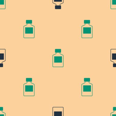 Yeşil ve siyah viski şişesi ikonu bej arka planda izole edilmiş pürüzsüz desen. Vektör