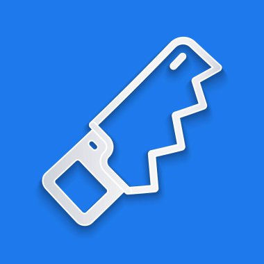 Kağıt kesiği El, mavi arka planda izole edilmiş bir simge gördü. Kağıt sanatı tarzı. Vektör