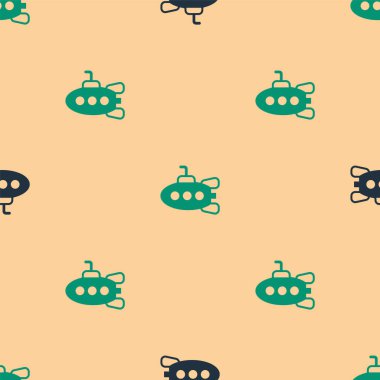 Yeşil ve siyah denizaltı oyuncak ikonu bej arka planda kusursuz desen izole etti. Vektör