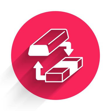 Beyaz Altın değişim para ikonu uzun gölgeli bir arka plan izole. Para değiştirici. Kırmızı daire düğmesi. Vektör