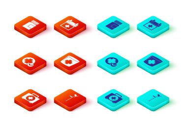 İlk yardım çantasını, koltuk değneklerini ya da koltuk değneklerini Cross hastanesi sağlık ekibini, çarmıhlı hemşire şapkasını, doktor randevusunu ve ilaç şişesi ikonunu hazırla. Vektör