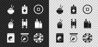 Asya eriştelerini kaseye, Firework 'e, Çin Yuan' ına, Yin Yang 'e ve zarfa, Gong' a, karton çubuklara ve kararnameye, kağıda, parşömene, parşömen simgesine koyun. Vektör