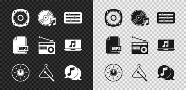Stereo hoparlörünü ayarla, ses karıştırıcı denetleyici, çevir düğmesi teknolojisi ayarları, Üçgen müzik aleti, müzik nota balonu, MP3 dosya belgesi ve anten simgesi ile Radyo. Vektör