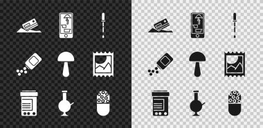 Kokain ve kredi kartı ayarla, telefondan uyuşturucu al, Pipette, ilaç şişesi hapları, esrar, tablet ve Psilocybin mantar ikonu içmek için cam bong. Vektör