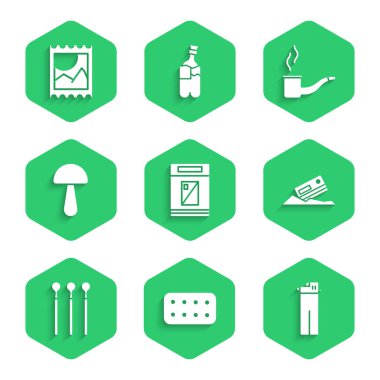 Sigara paketi, su toplayan haplar, çakmak, kokain ve kredi kartı, kibrit, Psilocybin mantarı, tüttürme piposu ve LSD asit izi simgesi. Vektör