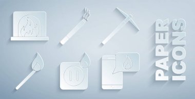 Elektrik prizini ateşe ver, kazma, kibrit yak, 911 'i ara, sigara ve şömine ikonu. Vektör