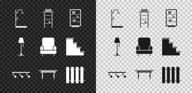 Duş al, banyo raflarını havlular için raflarla donat, kütüphane rafı, öndeki farlar ve lambalar, ahşap masa, ısıtma radyatörü, yer ve Kol Sandalyesi ikonu. Vektör