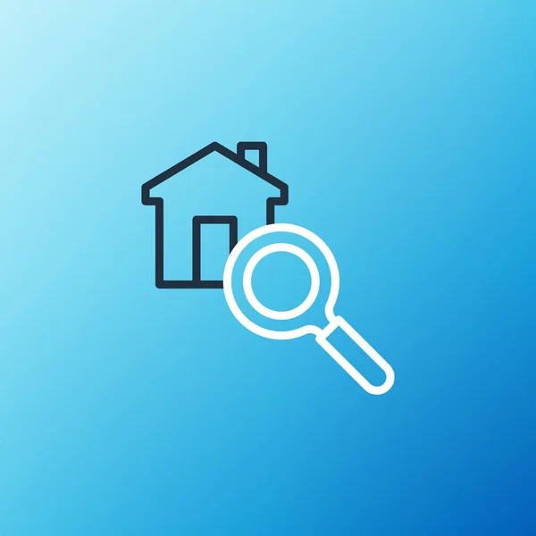 Ligne Recherche icône de la maison isolé sur fond bleu. Symbole immobilier d'une maison sous loupe. Concept de contour coloré. Vecteur — Image vectorielle