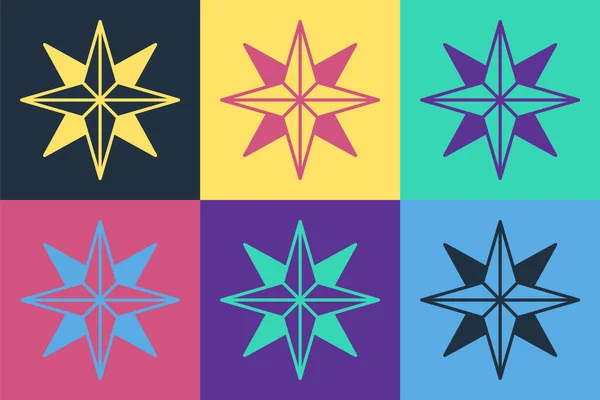 Pop Art Windrose Symbol isoliert auf farbigem Hintergrund. Kompass-Symbol für Reisen. Navigationsdesign. Vektor — Stockvektor