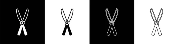 Set forbici da giardinaggio fatte a mano per rifilare l'icona isolata su sfondo bianco e nero. Cesoie per potatura con manici in legno. Vettore — Vettoriale Stock