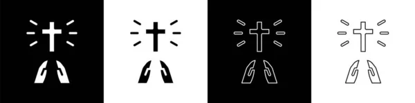 Ställ händerna i bedjande position ikonen isolerad på svart och vit bakgrund. Be till Gud med tro och hopp. Vektor — Stock vektor