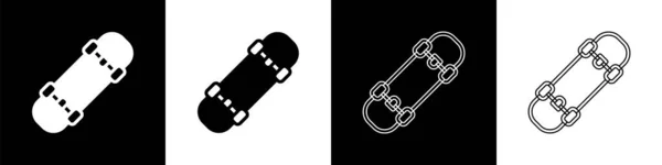 Setzen Sie das Skateboard-Symbol isoliert auf schwarzem und weißem Hintergrund. Extremsport. Sportgeräte. Vektor — Stockvektor