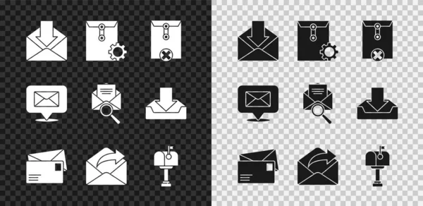 Set sobre, ajuste, eliminar sobre, correo saliente, buzón de correo, burbuja de voz con y lupa icono. Vector — Archivo Imágenes Vectoriales