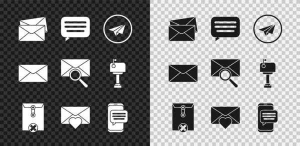 Встановіть конверт, балакучий чат, паперову площину, конверт Delete, з серцем Валентина, сповіщення про балачки на телефоні та піктограму збільшення скла. Векторні — стоковий вектор