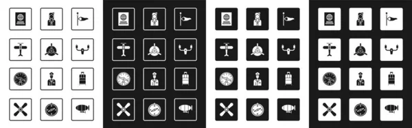 Set meteorologia cono pala eolica, elica aereo, passaporto, timone di sterzo aereo, hostess, valigia e bussola icona. Vettore — Vettoriale Stock