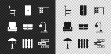 Koltuk, gardırop, ofis masası, masa lambası, ısıtma radyatörü, kitaplı raf, Kol Sandalyesi ve Çekmece Simgesi. Vektör