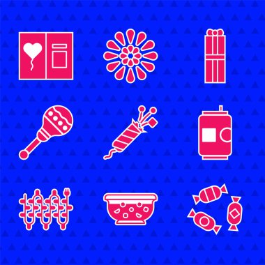 Havai fişek roketi, kasede karışık punç, Candy, bira kutusu, Noel ışıkları, Maracas, hediye kutusu ve tebrik kartı ikonu. Vektör