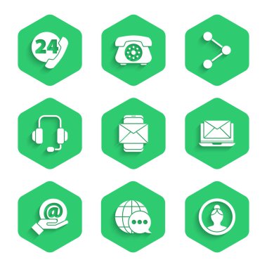 Cep telefonu ve zarfı ayarla, konuşma baloncuğundan yapılmış dünya haritası, hesap ekranı, dizüstü bilgisayar, e-posta, kulaklık, Paylaşım ve Telefon 24 saat destek ikonu oluşturun. Vektör