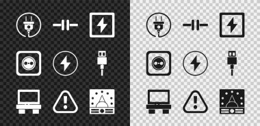 Elektrik prizi, devre şeması, şimşek, fünye, ünlem işareti üçgeni, ampere ölçer, multimetre, voltmetre, elektrik prizi ve simge ayarla. Vektör