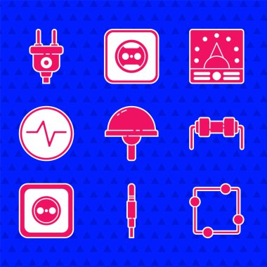 Işık yayan diyot, ses yalıtımı, elektrik devresi şeması, rezistör elektriği, elektrik prizi, Ampere ölçer, multimetre, voltmetre ve fiş simgesini ayarla. Vektör