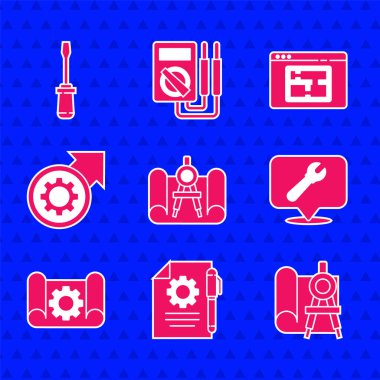 Grafik kağıdı ve pusula, belge ayarları, anahtar anahtarlı konum, dişli, dişli, dişli, dişli ok çalışma süreci, Ev planı ve tornavida simgesi. Vektör