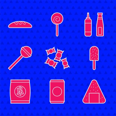 Saman, Soda kutusu, Onigiri, dondurma, sert ekmek, kraker, lolipop, sos şişesi ve ekmek somunu ikonu. Vektör