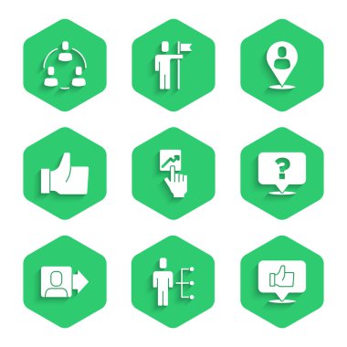 Takım lideri, takım elbiseli adam kullanıcısı, soru işareti, işçi konumu ve Proje ekibi ikonu. Vektör