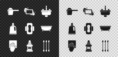 Yıkama tozu, bir kalıp sabun, çeşmeli lavabo, temizleme servisi, ağız yıkama şişesi, kulak için pamuk çubuğu, şişe temizleme maddesi ve hijyenik peçete ikonu. Vektör