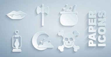 Set Moon ve yıldızlar, Cadılar Bayramı cadı kazanı, Kamp feneri, Kafatası çapraz kemikleri, tahta balta ve vampir dişi ikonu. Vektör