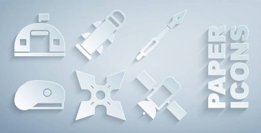 Japon ninja shuriken, ortaçağ mızrağı, askeri bere, uydu, roket ve kışla ikonu. Vektör