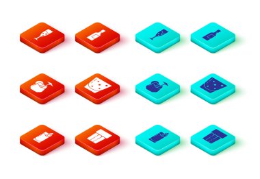 Kokteyl Bloody Mary, su, rom, şampanya şişesi ve şampanya ikonu hazırla. Vektör