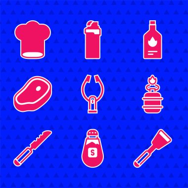 Et maşası, Salt, Spatula, kamp gaz ocağı, ekmek bıçağı, biftek eti, acı sos ve şef şapkası ikonu. Vektör