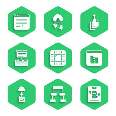 İşlemciyi İşlemci, Hiyerarşi organogram şeması, Sunucu, Data, Web Sunucusu, Dosya Eksik, Bulut teknoloji aktarımı, dışa aktarım ve Tarayıcı pencere simgesi ile ayarla. Vektör