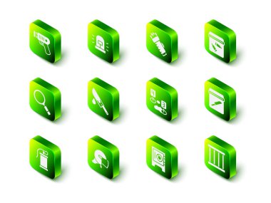 Flasher sirenini, polis elektrik şokunu, kurşun, bıçak, hapishane penceresi, olay yeri işaretleyicisini, kasa ve kask ikonunu yerleştirin. Vektör