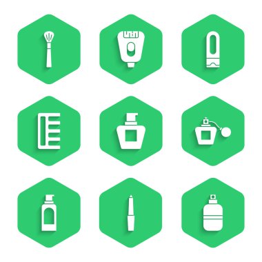 Krem veya losyon tüpü, tırnak törpüsü, parfüm, saç spreyi için sprey kutusu, saç fırçası, şampuan şişesi ve makyaj ikonu. Vektör