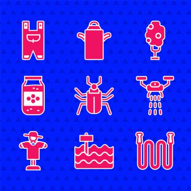 Böcek sineği, bahçe yatağı, hortum dronlu akıllı çiftlik, korkuluk, bal kavanozu, ağaç elması ve işçi giysisi ikonu. Vektör