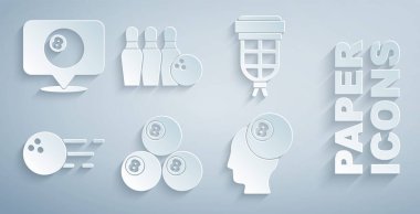 Bilardo topu, cep, bowling, iğne ve bilardo ikonlu konum. Vektör