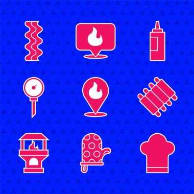 Ateş alevi, fırın eldiveni, aşçı şapkası, ızgara domuz pirzolası, Brick sobası, mutfak termometresi, sos şişesi ve pastırma şeritli ikon. Vektör