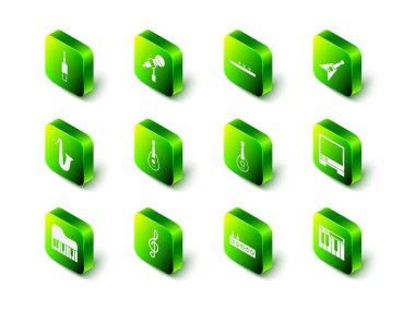 Mikrofon, bateri, bas gitar, ses asistanı, müzik sentezleyicisi, Gitar, Ses Karıştırıcı ve Treble anahtar ikonu. Vektör