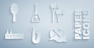 Müzik aleti saksafonu, hava kulaklığı, ses karıştırıcı kumanda, bateri çubukları, Gitar ve Maracas ikonu. Vektör