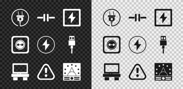 Set Electric plug, circuit scheme, Lightning bolt, Fuse, Exclamation mark triangle, Ampere meter, multimeter, voltmeter, Electrical outlet and icon. Vector — Stock Vector