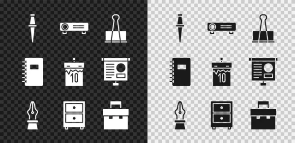 Set Pushpin, Film, film, media projector, Binder clip, Fontein pen nib, lade met documenten, Briefcase, Spiraal notitieboek en Agenda icoon. Vector — Stockvector