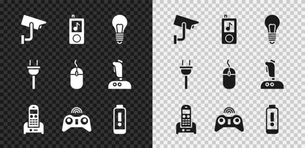 Set Überwachungskamera, Musik-Player, Glühbirne mit Konzept der Idee, Telefon, Wireless-Gamepad, Batterieladestandsanzeige, Stecker und Computermaus-Symbol. Vektor — Stockvektor