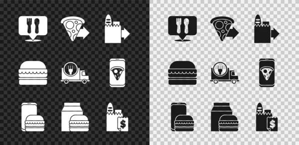 Set Café y restaurante ubicación, pedidos en línea entrega de pizza, hamburguesa, hamburguesa y rápido en coche icono. Vector — Archivo Imágenes Vectoriales