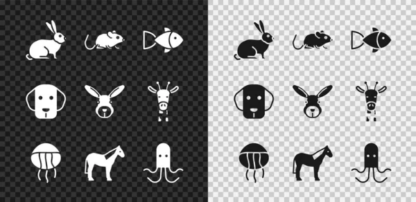 Ensemble Lapin, rat, poisson, méduses, cheval, poulpe, chien et icône de la tête. Vecteur — Image vectorielle